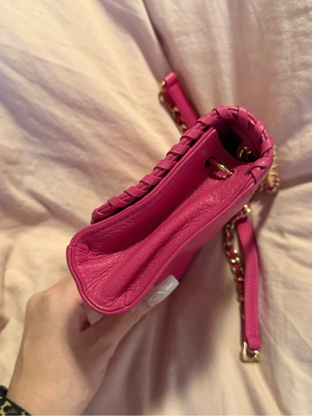Tory Burch Mini Marion Fuchsia Leather Whipstitch Crossbody Bag with Gold Chain
